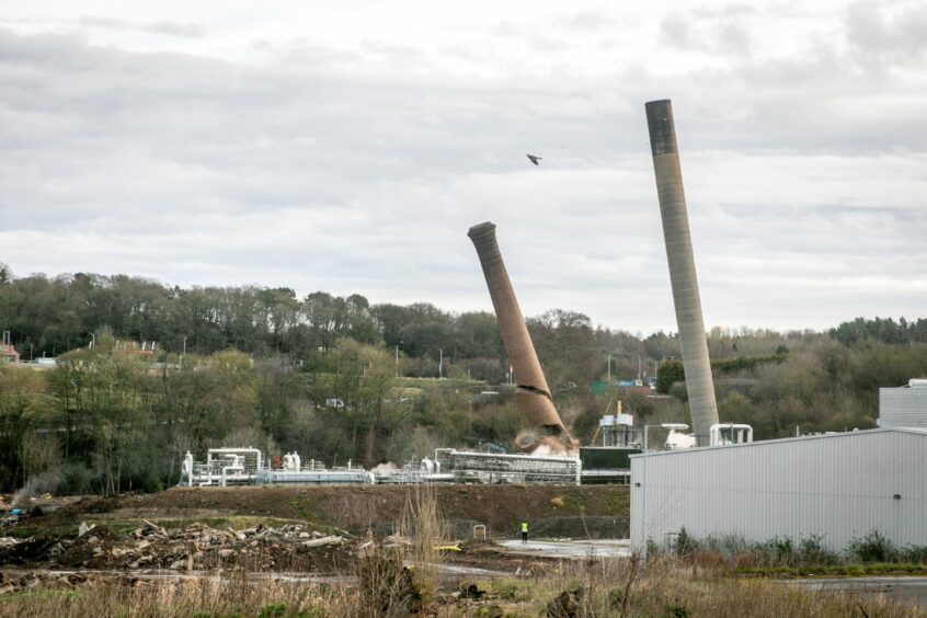 Tullis Russell chimneys mid-fall as they were blown up on Thursday morning.