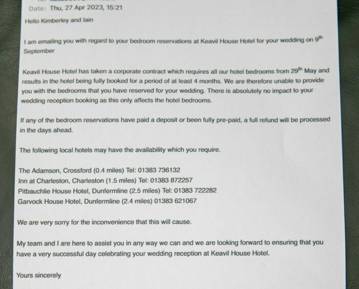 The email sent to bride Kimberly from Keavil House Hotel in Fife.