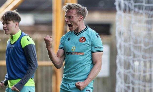 A roar of delight from Ilmari Niskanen after finding the net for Dundee United against Motherwell