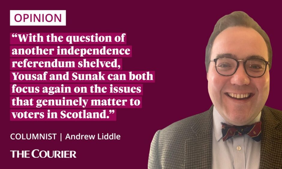 The writer Andrew Liddle next to a quote: "With the question of another independence referendum shelved, Yousaf and Sunak can both focus again on the issues that genuinely matter to voters in Scotland."