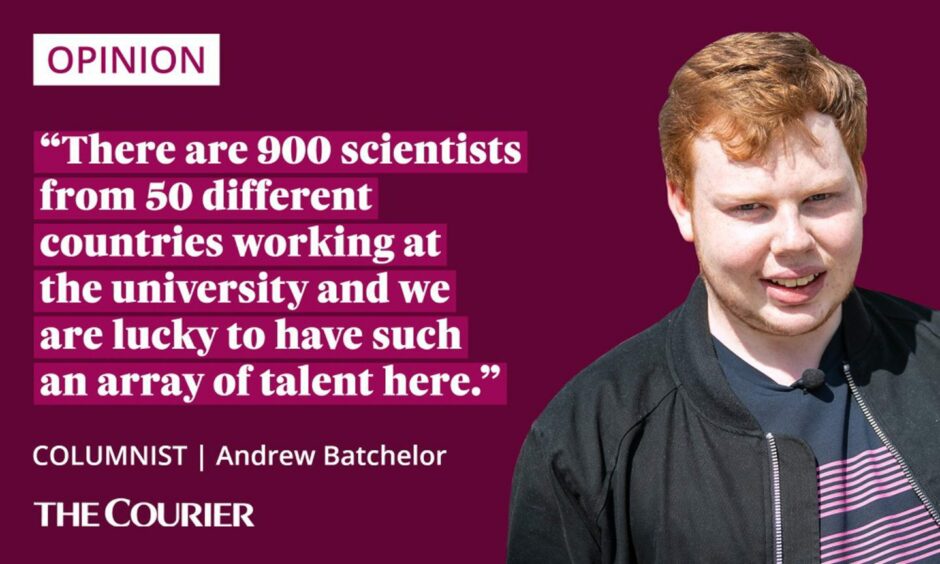 The writer Andrew Batchelor next to a quote: "There are 900 scientists from 50 different countries working at the university and we are lucky to have such an array of talent here."