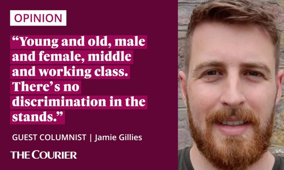 The writer Jamie Gillies next to a quote: "Young and old, male and female, middle and working class. There’s no discrimination in the stands."
