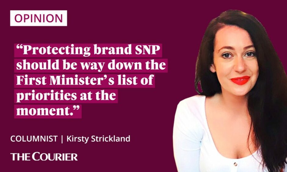 The writer Kirsty Strickland next to a quote: "Protecting brand SNP should be way down the First Minister’s list of priorities at the moment."