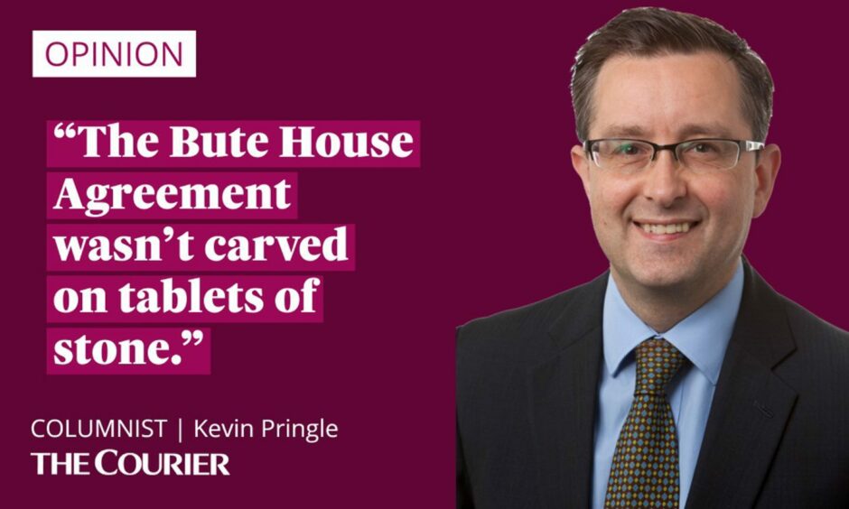 The writer Kevin Pringle next to a quote: "The Bute House agreement wasn't carved on tablets of stone."