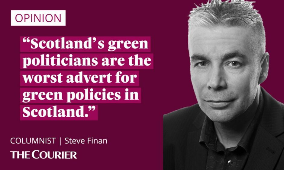 The writer Steve Finan next to a quote: "Scotland's green politicians are the worst advert for green policies in Scotland."