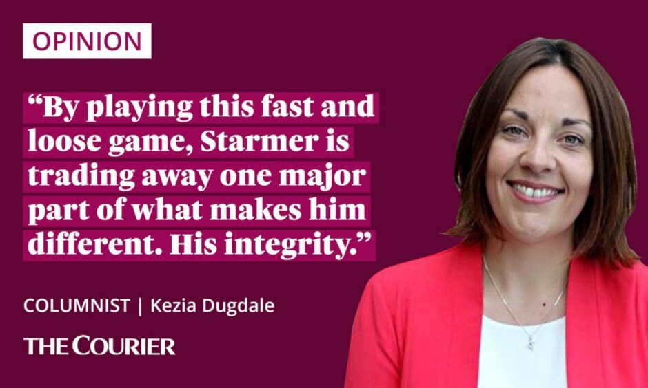 The writer Kezia Dugdale next to a quote: "By playing this fast and loose game, Starmer is trading away one major part of what makes him different. His integrity."
