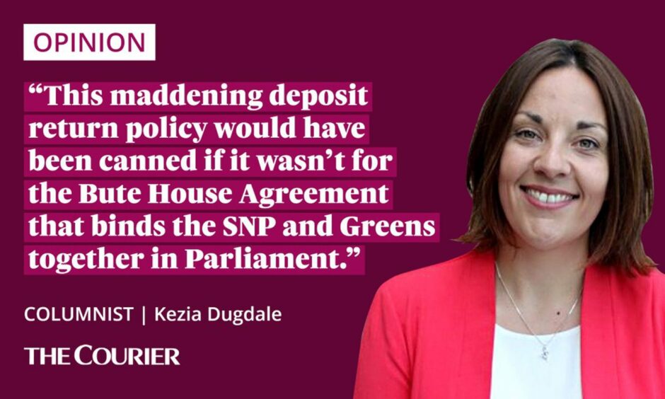 The writer Kezia Dugdale next to a quote: "This maddening deposit return policy would have been canned if it wasn’t for the Bute House Agreement that binds the SNP and Greens together in Parliament."