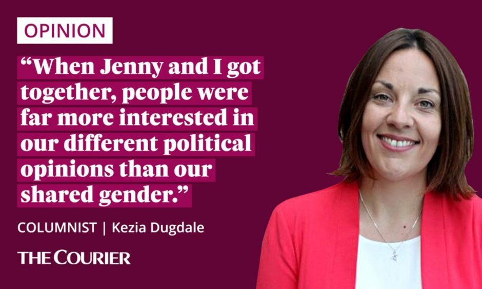 The writer Kezia Dugdale next to a quote: "When Jenny and I got together, people were far more interested in our different political opinions than our shared gender."