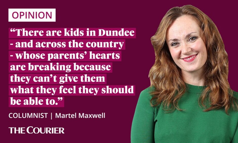 The writer Martel Maxwell next to a quote: "There are kids in Dundee - and across the country - whose parents’ hearts are breaking because they can’t give them what they feel they should be able to."