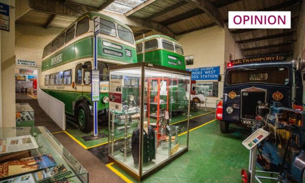 old buses and other exhibits at the Dundee Museum of Transport.