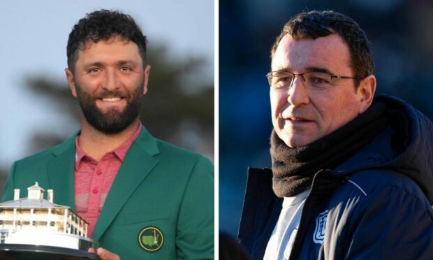 Masters champion Jon Rahm (left) and Dundee boss Gary Bowyer. Images: Shutterstock.