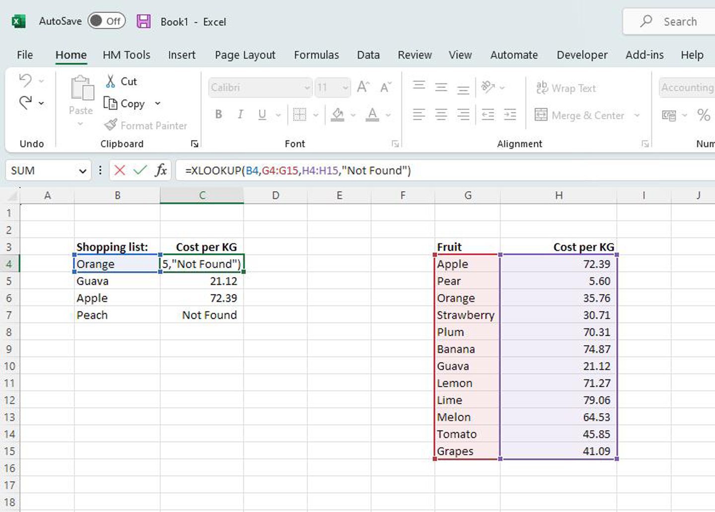 Example of XLOOKUP function.