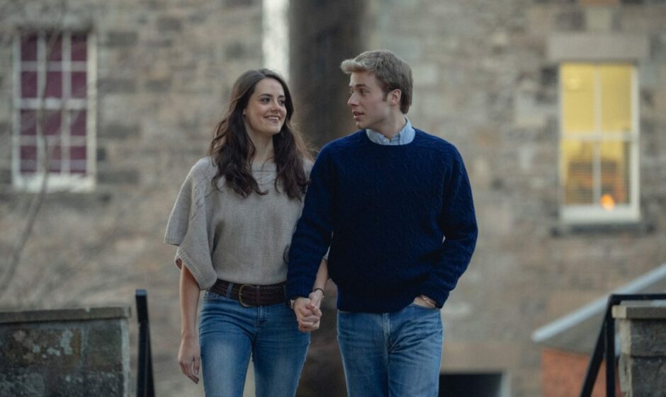 Actors Ed McVey and Meg Bellamy playing William and Kate on location in St Andrews.