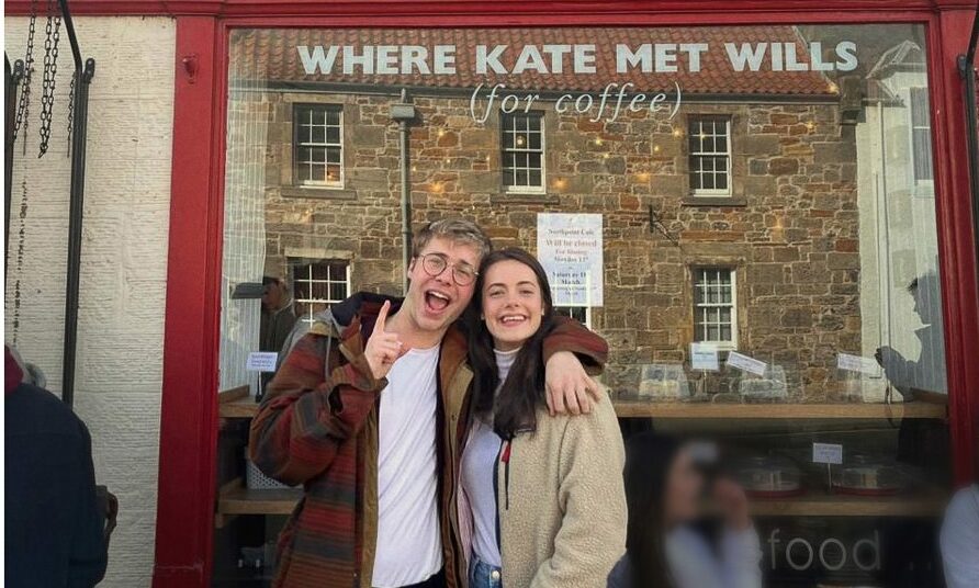 The Crown actors Ed McVey and Meg Bellamy outside cafe in St Andrews that Kate and William met.