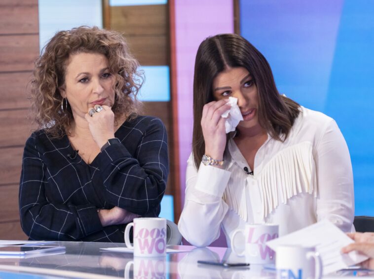 Rebekah Vardy wiping tears from her eyes on the Loose Women TV set.