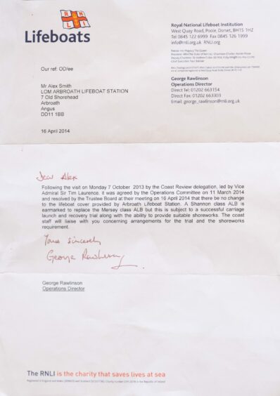 Arbroath lifeboat letter from RNLI confirming a Shannon-class for the town station in 2014.