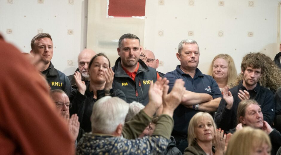 Arbroath RNLI crew at public meeting on station's future. 