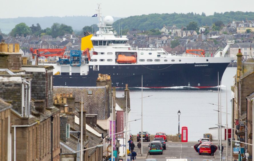 The 2012 RRS Discovery ship passing Broughty Ferry on the River Tay