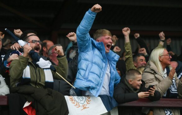 Dundee fans celebrate at Ochilview as their side finished the season on a high. Image: SNS