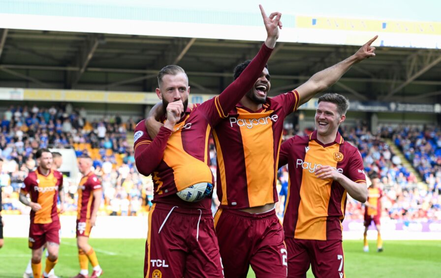 Motherwell celebrate their opening goal. 
