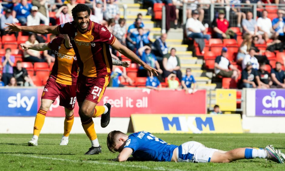 Motherwell's Mikael Mandron after scoring their second goal.