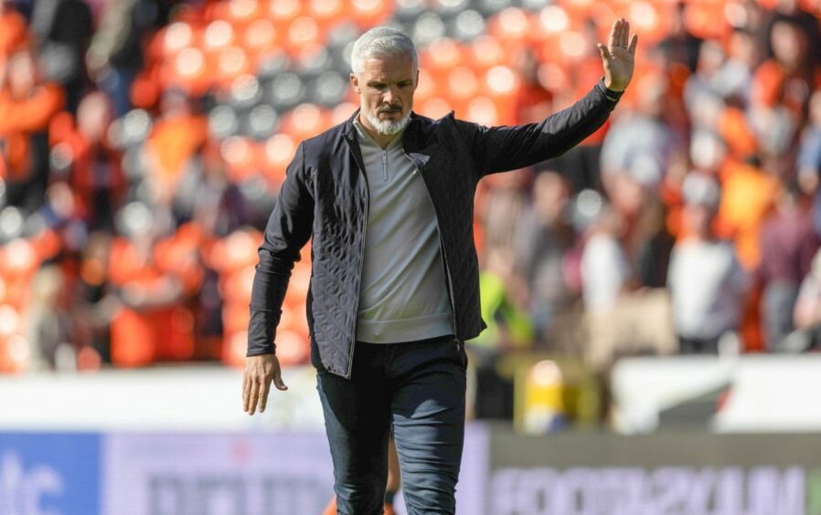 Dundee United manager Jim Goodwin looks dejected at full time during a cinch Premiership match between Dundee United and Ross County at Tannadice, on May 13, 2023, in Dundee, Scotland. (Photo by Ross Parker / SNS Group)