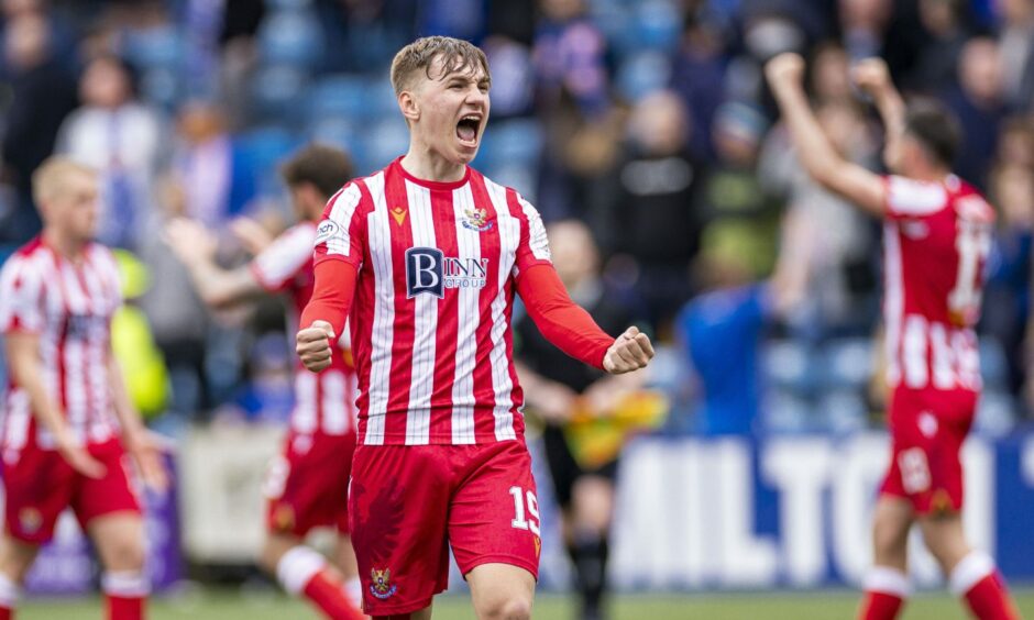 Adam Montgomery celebrates at Kilmarnock as St Johnstone get the win they needed to stay up.
