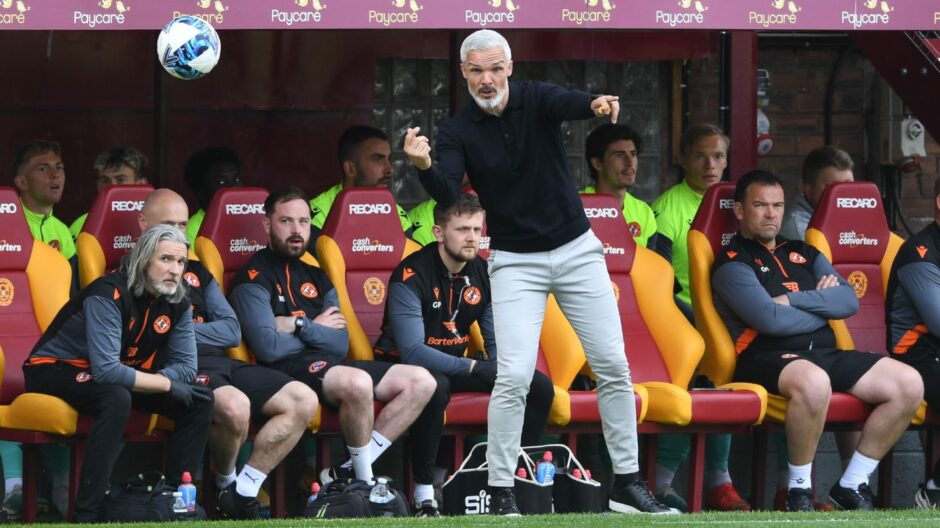 Jim Goodwin on the touchline during Dundee United's defeat to Motherwell.
