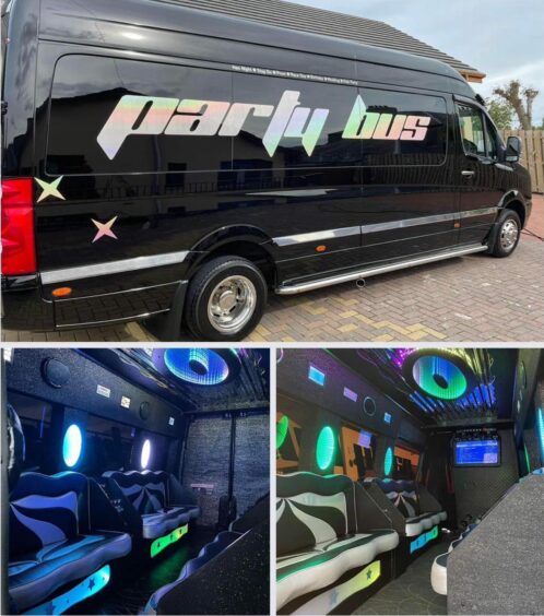 Party bus and two smaller pictures showing interior.
