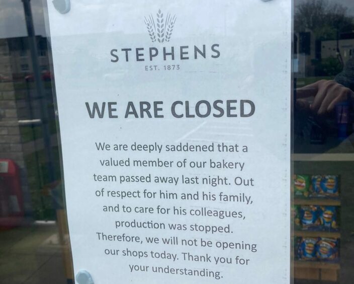 A sign in the window of Fife bakery Stephens on Friday. Image: Gavin Harper/DC Thomson.