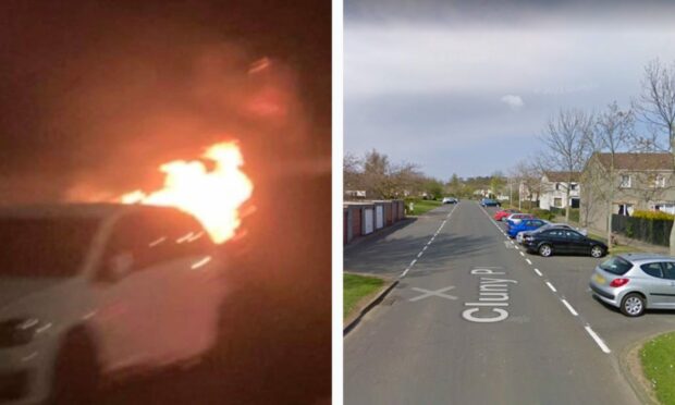 The car fire on Cluny Place in Glenrothes. Image: Fife Jammer Locations/Facebook/Google Maps