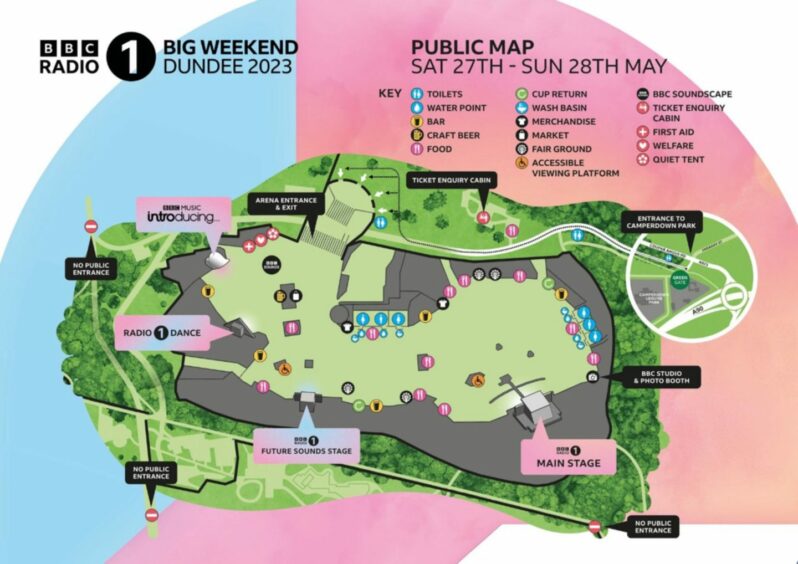 Map of Radio1 Big Weekend site at Camperdown Park.