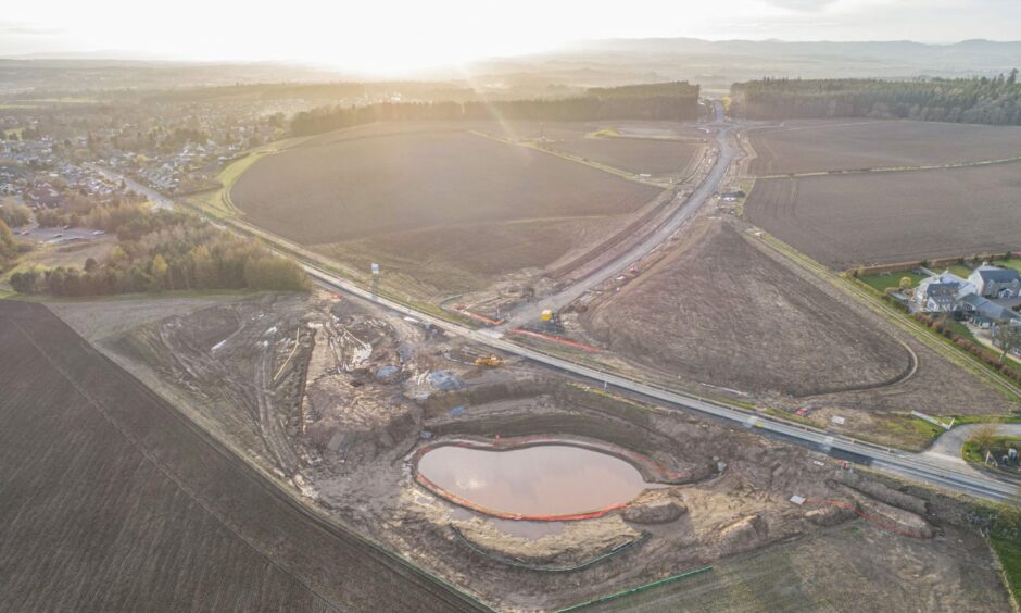 Cross Tay Link Road update. Aerial view of the road. The A924 junction at the Cross Tay Link Road.