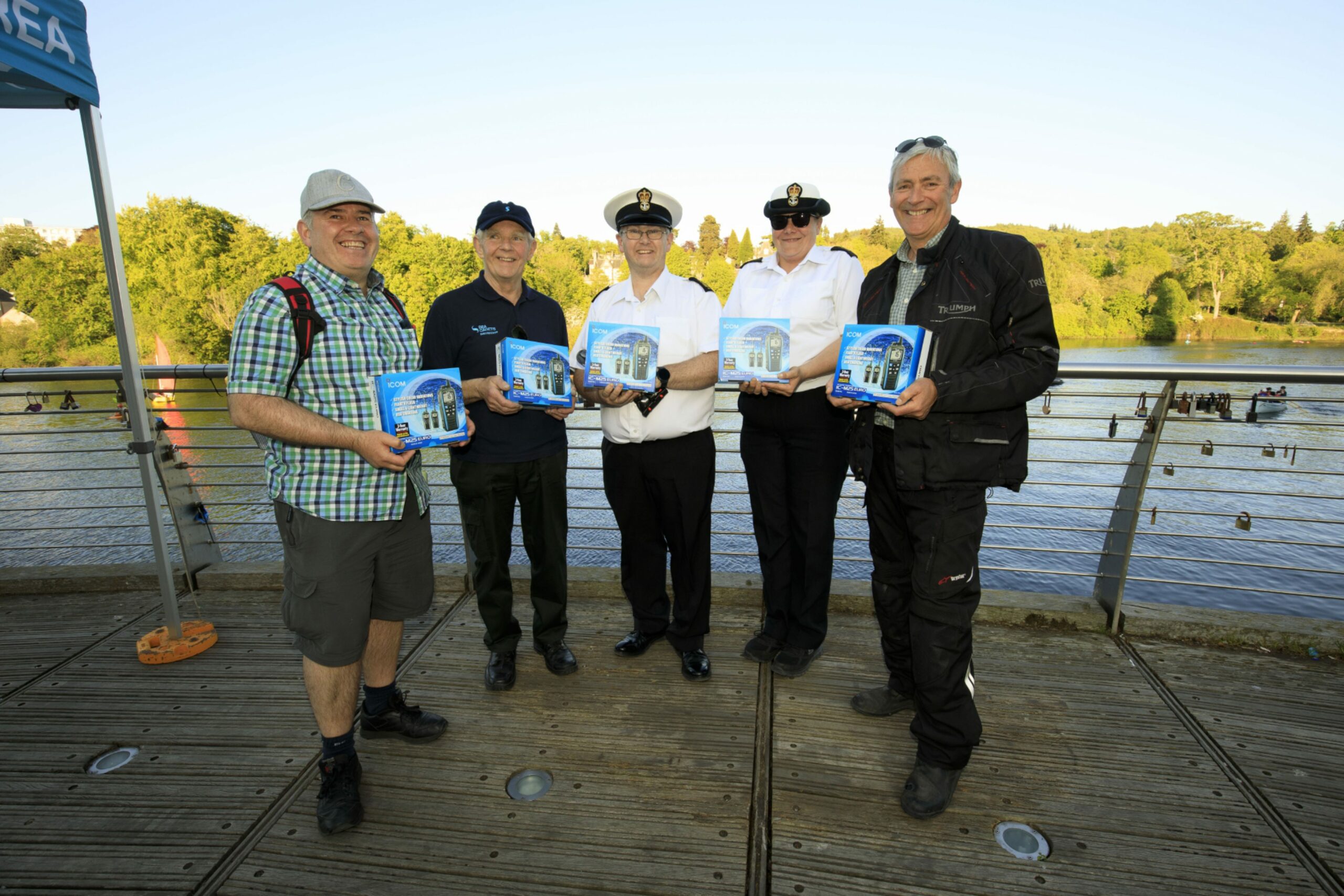 Portable marine VHF transceivers were donated to several organisations involved in water Sports by The River Tay Community Sports Hub. Pictured are Mark Doris from Perth Sub-Aqua Club, Bob Shaw from River Tay Community Sports Hub, Neil Hardie, Fiona Laing from Perth Sea Cadets and Grant Stewart from Carse Canoe Club.
