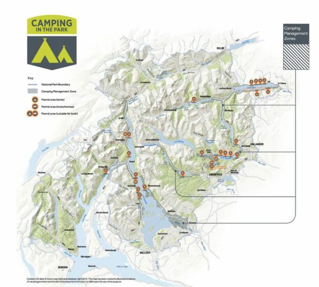 Image shows a map outlining where the camping management zones are in the national park.