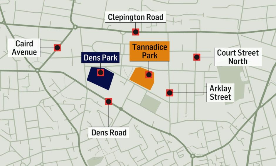 A map showing the boundary of the new parking scheme around Dens Park and Tannadice Park. Image: DC Thomson