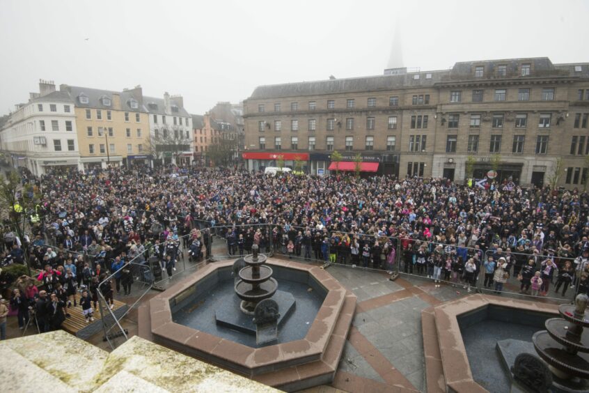 Dundee fans packed into City Square for a civic reception after winning the title. Image: Alan Richardson / Pix-AR.co.uk.