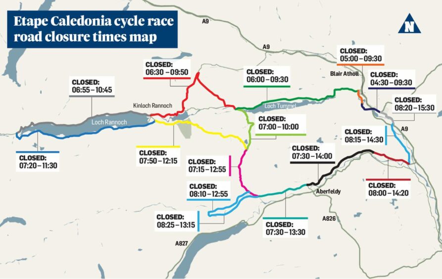 The map shows which roads will be closed and when during the Perthshire cycling event.