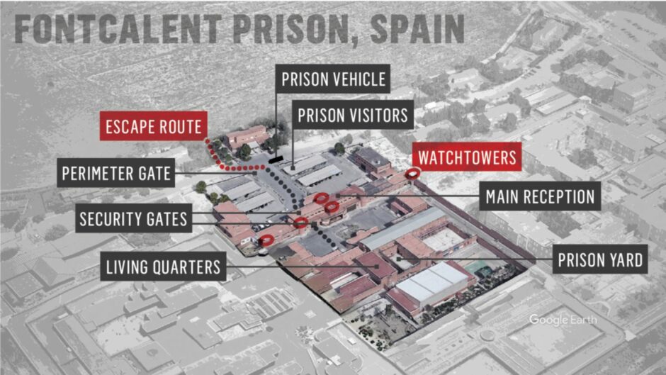 Graphic shows the set-up at Fontcalent Prison on the day Julian Chisholm escaped. Image: Google/DC Thomson.