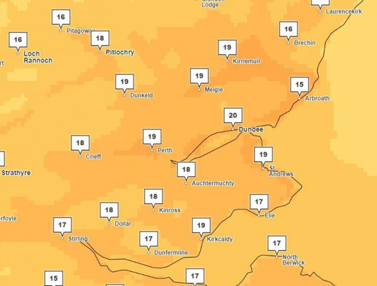 A map showing temperatures across eastern Scotland