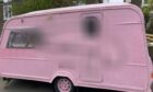 The Wee Pink Caravan sprayed with graffiti.