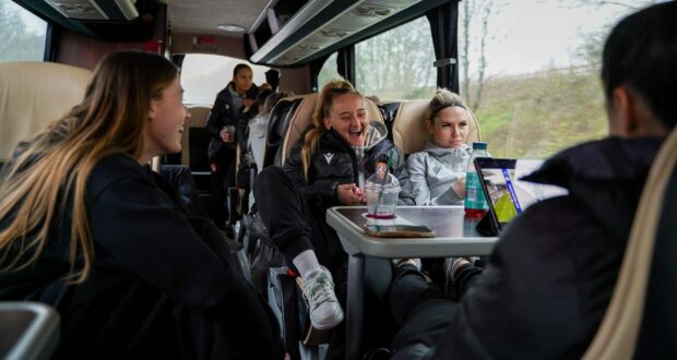 (Left to right) Dundee United Women stars Claire Delworth, Georgie Robb and Neve Guthrie on the coach journey to face Hamilton Accies. Image: Alistair Heather