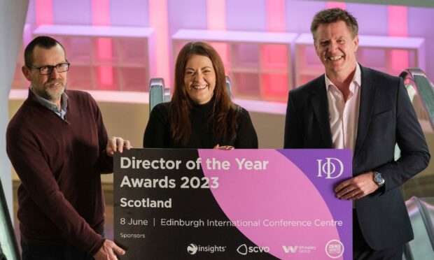 Ian Gulland, CEO of awards sponsor Zero Waste Scotland, Catherine McWilliam, nations director at IoD Scotland, and Edinburgh International Conference Centre CEO Marshall Dallas