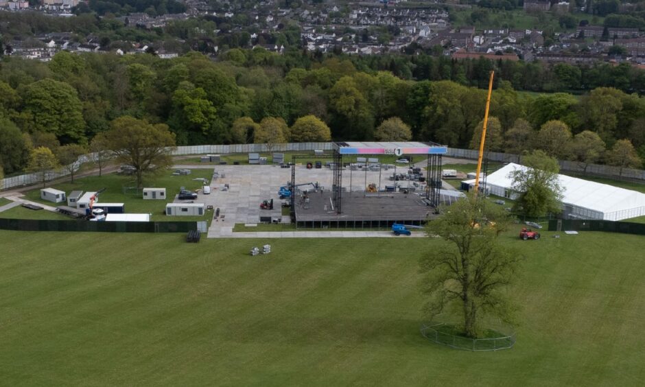 An aerial view of the Dundee Big Weekend site including the main stage