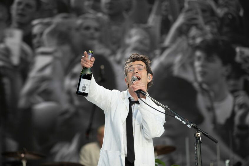 Matty Healy toasts the crowd to see out day two of Radio 1's Big Weekend. Image: Kim Cessford / DC Thomson.