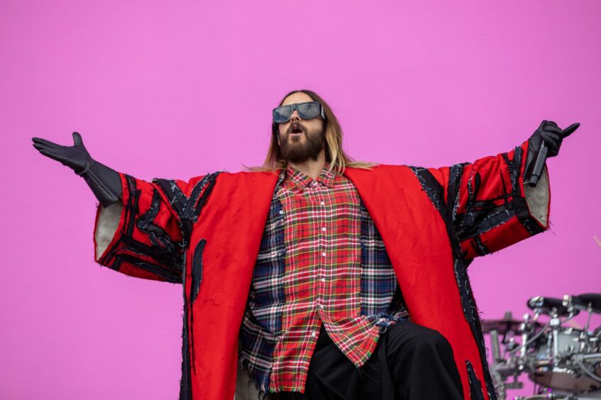 Jared Leto on stage with Thirty Seconds to Mars at Big Weekend in Dundee.