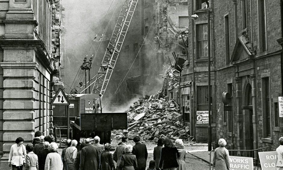 Parting is such sweet sorrow: Crowds watch the demolition of the Keiller Factory. Image: DC Thomson.