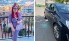 Picture shows Kerry Adam's on the left in a purple outfit with red hair. On the right is her black Corsa with its smashed window.