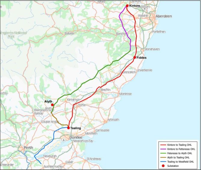map showing proposed Kintore-Tealing route stretching from west of Aberdeen to north of Dundee.