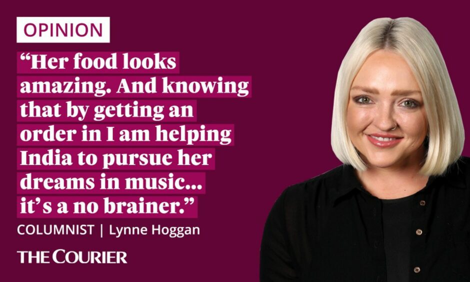 The writer Lynne Hoggan next to a quote: "Her food looks amazing. And knowing that by getting an order in I am helping India to pursue her dreams in music... it's a no brainer."